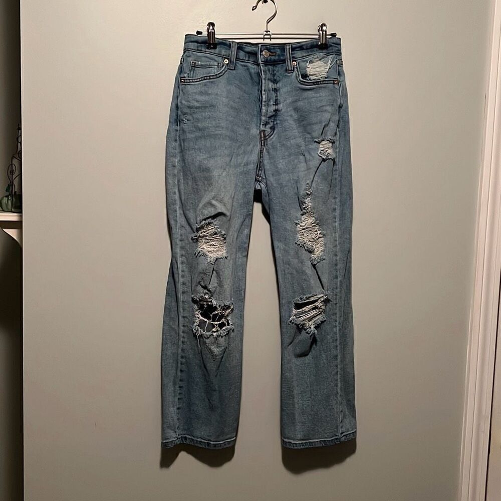 Wild Fable Women's Blue Denim Ripped High Rise Straight Jeans Medium Wash